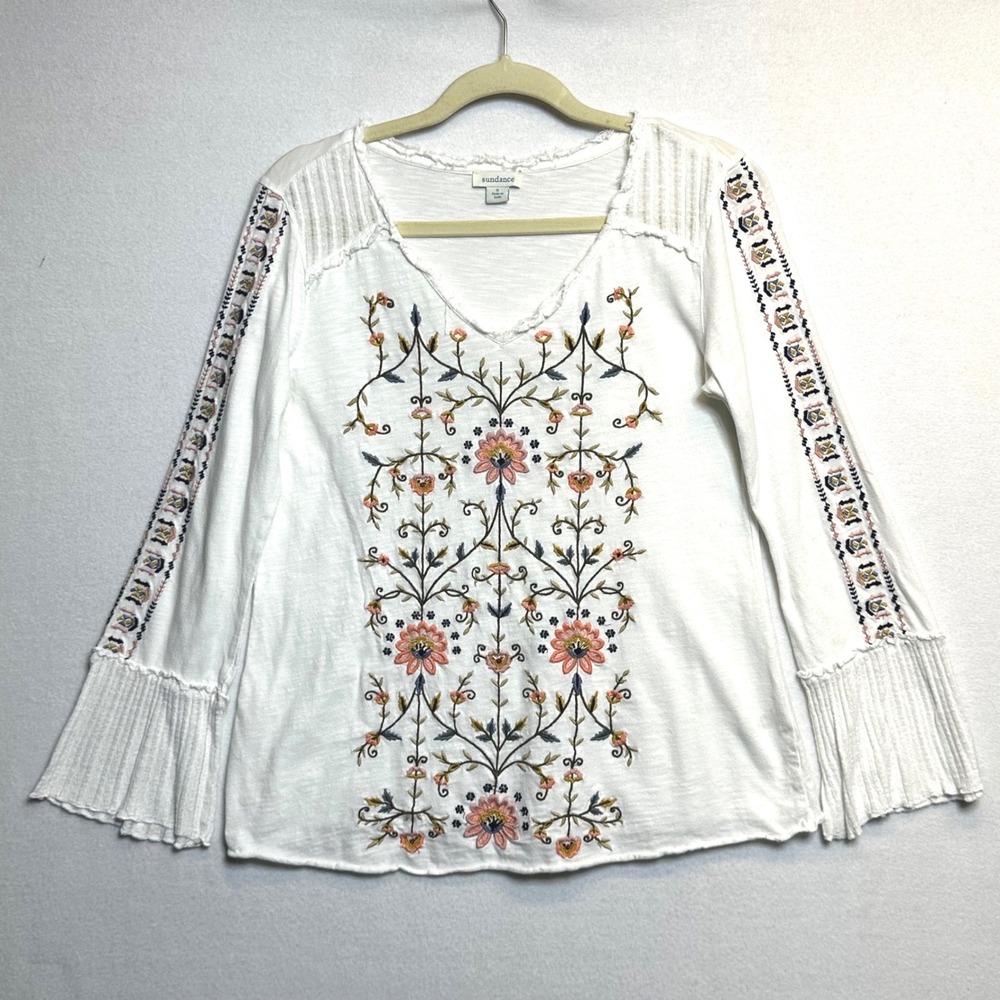 Sundance Embroidered Floral Top Womens S Boho Festival Beaded Ruffle Cuff Cotton